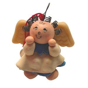 Clay Angel Vintage Christmas Tree Ornament Small Coil Hair Folk Art Primitive